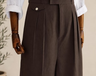 Vintage espresso Linen Pleated Wide Leg Trousers, High Waisted Summer Beach Wedding Pants