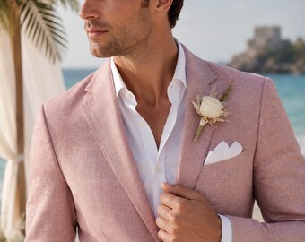 Traje de boda para hombre de lino rosa empolvado, atuendo de novio para la playa, traje de 2 piezas hecho a medida.