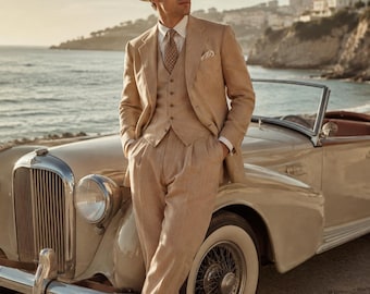 Traje de novio de lino vintage para hombre, traje de boda de estilo clásico, traje de lino de 3 piezas, atuendo de novio para boda en la playa, atuendo de novio rústico