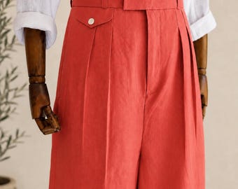 Vintage sunset red Linen Pleated Wide Leg Trousers, High Waisted Summer Beach Wedding Pants