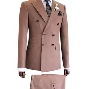 Slim Fit Brown Double Breasted Suit: Wedding Groomsmen Two Piece