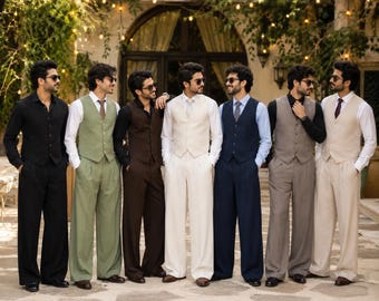 Conjunto de chaleco de lino tejido a mano para padrinos de boda, atuendo de boda vintage de la vieja aristocracia, pantalones de lino de pierna ancha, atuendo rústico para bodas en destinos exóticos.