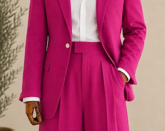 Hot Pink Linen Double Breasted Blazer, Italian Riviera Style Jacket, Resort Wear Groom