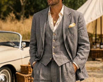 Traje de tres piezas de lino gris claro para hombre, estilo clásico y elegante, ideal para bodas en la playa.