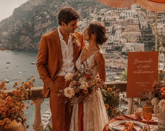Traje de boda para hombre de lino color naranja óxido, atuendo de novio para la Costa Amalfitana, conjunto para un destino de verano.