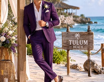 Traje de boda de lino violeta intenso, atuendo de novio para la playa de Tulum, conjunto de verano para destinos paradisíacos.