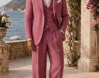 Traje de boda de lino rosa baya para hombre, traje de novio vintage de 3 piezas, atuendo de lino de la vieja aristocracia, pantalones de pierna ancha, vestimenta de boda de la Costa Amalfitana.