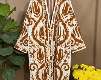 Embroidered Cotton Suzani Kimono: Vintage Inspired Festival Duster Robe