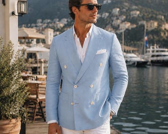 powder blue Linen Double Breasted Blazer, Italian Riviera Style Jacket, Resort Wear Groom