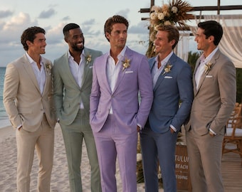 Conjunto de traje de lino lila para padrinos de boda, atuendo para bodas en la playa, traje para fiestas de verano, blazer y pantalón hechos a mano.