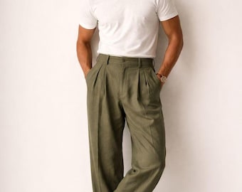 Olive Green Linen Trousers, High Waisted Pleated Wide Leg Pants, 1940s Old Money Style
