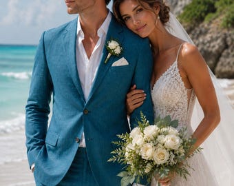 Traje de boda de lino azul verdoso, atuendo de novio para boda en la playa, estilo costero de verano.