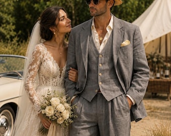Traje de tres piezas de lino gris claro para hombre, estilo clásico y elegante, ideal para bodas en la playa.