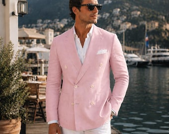 Vintage Pink Double Breasted Linen Blazer for Men, Summer Wedding Jacket, Old Money Style Suit Coat, Luxury Beach Wedding Outfit,
