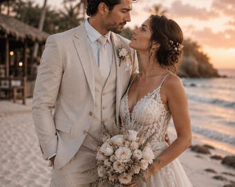 Traje de boda de lino beige para hombre / Traje de novio de 3 piezas para bodas en destino