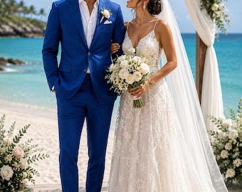 Traje de boda de lino azul marino para hombre, traje de novio para boda en la playa, traje de lino a medida, atuendo para boda en Bermudas, atuendo de novio de verano