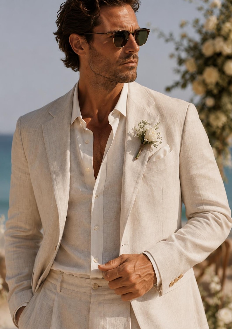 May include: A beige linen blazer and matching trousers worn with a white button-down shirt. The blazer features a notched lapel, a pocket square, and a small floral boutonniere with white flowers and greenery pinned to the left chest area.