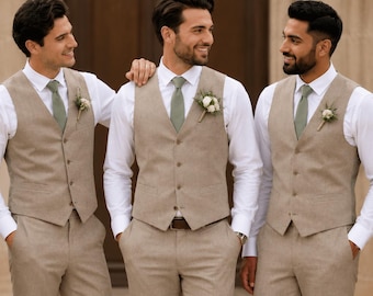 Traje de padrino de boda de lino beige tejido a mano para hombre, chaleco y pantalón rústicos para boda, atuendo para fiesta de boda de la vieja aristocracia, atuendo para boda en la playa.