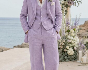 Traje de boda de lino color lavanda tejido a mano para hombre, traje de novio vintage de 3 piezas, traje de lino de estilo clásico, pantalones de pierna ancha, atuendo para boda en la playa.