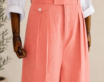 Vintage coral Linen Pleated Wide Leg Trousers, High Waisted Summer Beach Wedding Pants