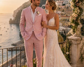 Traje de boda de lino rosa empolvado, atuendo de novio en la Costa Amalfitana, conjunto para ceremonia en la playa.