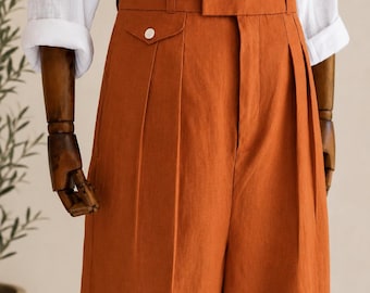 Vintage bruinoranje linnen geplooide broek met wijde pijpen, hoog getailleerde zomerstrandbruiloftbroek