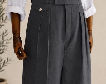 Vintage dark grey Linen Pleated Wide Leg Trousers, High Waisted Summer Beach Wedding Pants