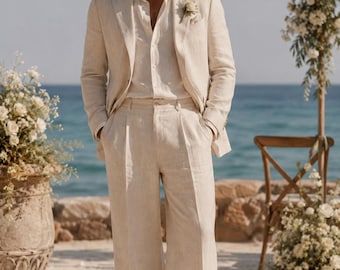 Traje de novio de lino tejido a mano para hombre, traje de boda playero color blanco roto, atuendo de boda de lino de estilo clásico, pantalones de pierna ancha.