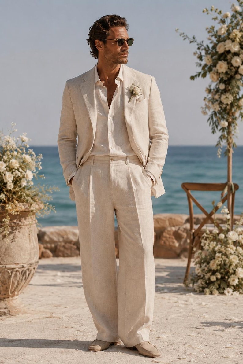 May include: A beige linen suit consisting of a single-breasted blazer with notched lapels and matching wide-leg trousers. The outfit includes a light beige button-down shirt, a small white floral boutonniere, and light beige suede loafers.