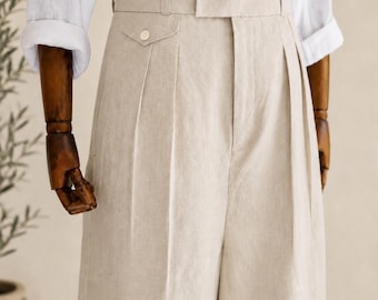 Vintage oatmeal Linen Pleated Wide Leg Trousers, High Waisted Summer Beach Wedding Pants