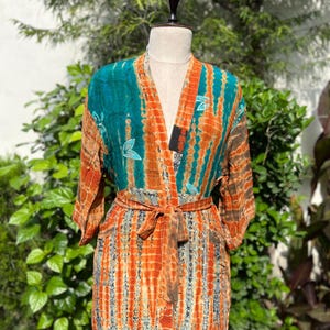 Crepe Silk Tie Dye Kimono Robe: Boho Spa Bathrobe