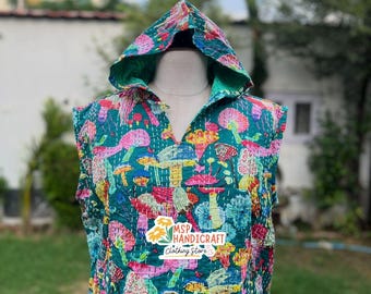 Sudadera con capucha y edredón Kantha hecha a mano: chaqueta ligera de gran tamaño