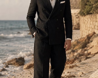 Traje de boda de lino negro para hombre, traje de novio cruzado, atuendo de boda playera de estilo clásico, pantalones de lino de pierna ancha.