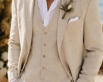 Traje de novio de lino tejido a mano para hombre, traje de boda playero color beige, atuendo de boda de lino de estilo clásico, pantalones de pierna ancha.