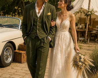 Abito da sposo in lino verde oliva, completo da tre pezzi, stile vintage da uomo di classe.