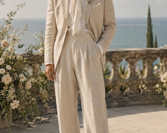 Traje de lino para novio, traje de boda, traje de lino de estilo clásico, pantalones de pierna ancha, atuendo de novio de la Costa Amalfitana, vestimenta para bodas de destino.