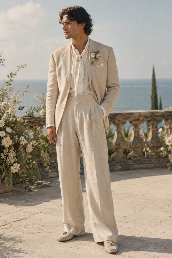 linen formal dress for men Groom Suit Men, Wedding Suit, Old Money Linen Suit, Wide Leg Trousers, Amalfi Coast Groom Outfit, Destination Wedding Attire ONLINE