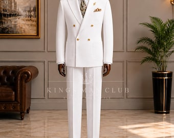 Men's White Linen Double-Breasted Suit, Vintage Wedding Attire, Handmade Summer Formal Wear