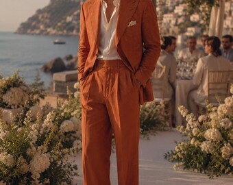 Traje de algodón color naranja quemado para hombre, traje de boda de corte coreano, pantalón con dos pliegues, blazer con solapa grande, traje de boda playera de estilo clásico, estilo italiano.