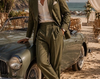 Traje de boda de lino verde oliva para hombre, traje de novio de estilo clásico y elegante, pantalones anchos con doble pliegue, traje de lino para boda en la playa, a medida