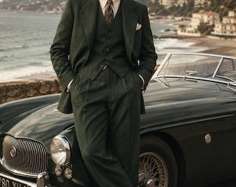 Traje de boda de lino verde bosque para hombre, atuendo de novio de clase alta, pantalones de lino de pierna ancha, traje de boda para la playa.