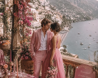 Traje de boda de lino rosa empolvado, atuendo de novio en la Costa Amalfitana, conjunto para ceremonia en la playa.