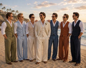 Conjunto de chaleco de lino para padrinos de boda, atuendo para padrinos de boda en la playa, pantalones de lino de pierna ancha, vestimenta para bodas de destino, traje de novio rústico