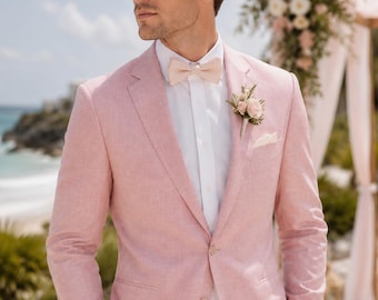 Traje de boda para hombre de lino rosa empolvado, atuendo de novio para la playa, conjunto hecho a medida.