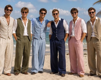 Conjunto de chaleco y pantalón de lino para padrinos de boda, atuendo para bodas en la playa, pantalones de lino de pierna ancha, vestimenta para bodas en destinos exóticos, traje de lino de estilo clásico.