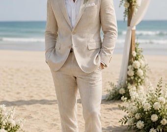Traje de boda de lino beige, atuendo de novio en la Costa Amalfitana, conjunto para boda en la playa.