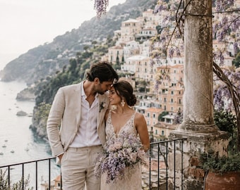Traje de boda de lino beige, atuendo de novio en la Costa Amalfitana, conjunto para boda en la playa.