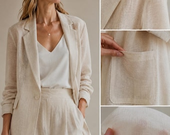 Conjunto de traje de lino para mujer / Ropa ligera de oficina para verano, pantalón beige