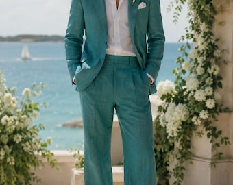 Traje de lino para novio, traje de boda azul verdoso, traje de lino de estilo clásico, pantalones de pierna ancha, atuendo para novio en boda en la playa, vestimenta para la costa de Amalfi.