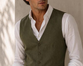 Olive Green Linen Vest and Trouser Set with White Shirt, Groom Wedding Attire
